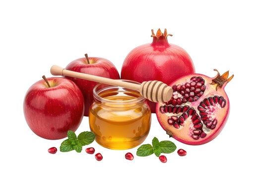 Red apples pomegranate honey jar and mint leaves on fruit seeds