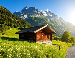 Alpine chalet nestled in a meadow, mountain backdrop