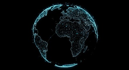 Digital Earth: Glowing Blue Network Globe on Black Background, Africa and South America View