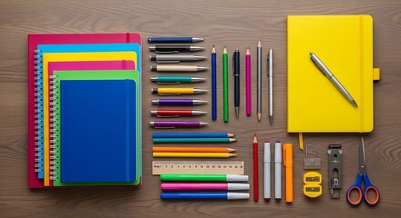 Stacked colorful notebooks and writing utensils arranged on a wooden surface