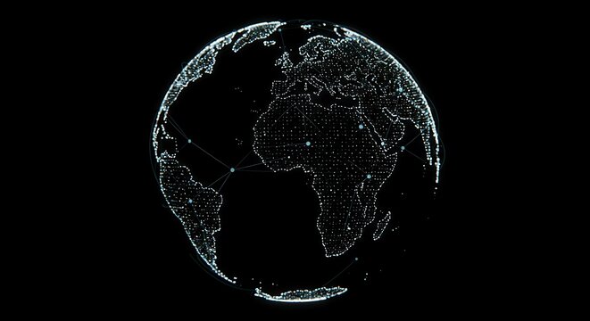 Digital Globe Depicting Global Network Connections Against Black Background - Powered by Adobe