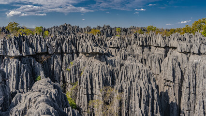 Incredible mountain landscape. Steep karst cliffs with furrowed slopes and sharp spiny peaks. Green vegetation on the rocks. Blue sky, clouds. Madagascar. Tsingy De Bemaraha.