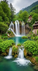 Fototapeta premium Spectacular cascading waterfalls flowing into turquoise pools surrounded by lush green forests and traditional mountain homes