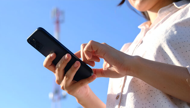 Woman using mobile phone for wireless communication outdoors on bright day with clear blue sky