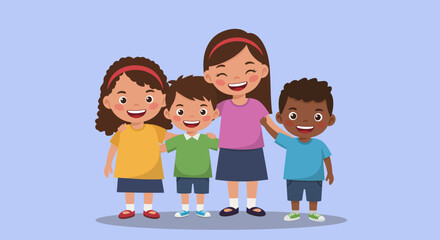 Happy multicultural family with three children standing together and smiling – flat vector illustration