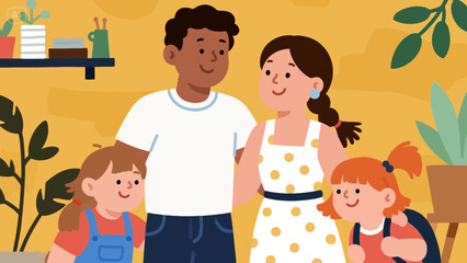 Happy multicultural family with three children standing together and smiling – flat vector illustration
