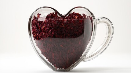 Heart-shaped glass cup filled with red tea