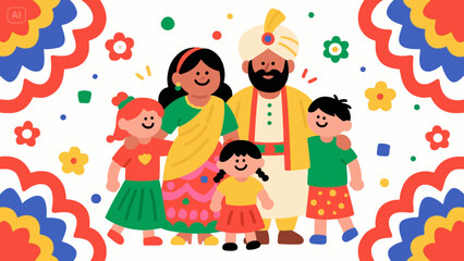 Happy multicultural family with three children standing together and smiling – flat vector illustration