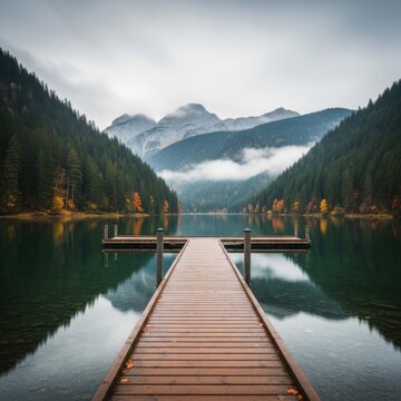 Fototapeta Serene Wooden Dock on a Calm Lake Surrounded by Majestic Mountains and Autumn Trees