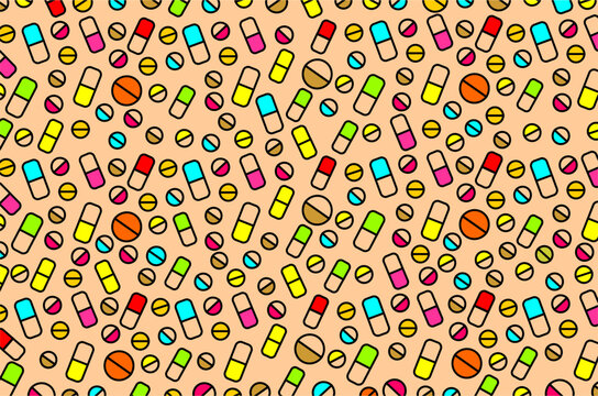 Colorful piils or medicines pattern background. Seamless pattern of medical icons. Piil icons illustration. Medicine icons illustration. Capsule piil icons illustration. Pharmacy symbols illustration.