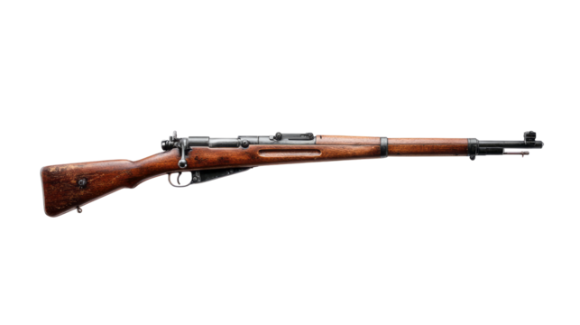 Old wooden rifle with metal isolated, transparent background