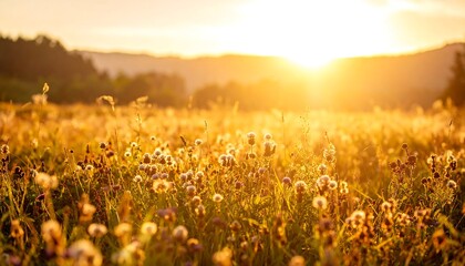 Golden hour sunlight bathes a field of wildflowers and grasses, mountains in the hazy distance