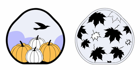 Fototapeta premium Autumnal Icons Featuring Pumpkins and Maple Leaves in a Stylized Design