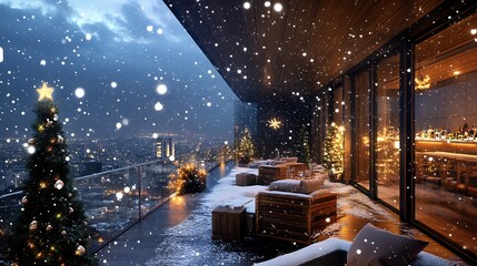 Cozy balcony with christmas tree and city lights during snowfall