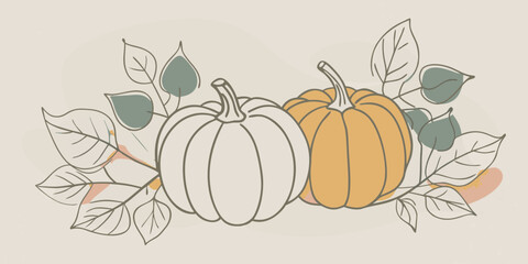 Elegant Autumnal Illustration with Pumpkins and Leaves in a Minimalist Style for Fall Decor