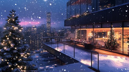 Festive cityscape at night with snow falling and christmas lights