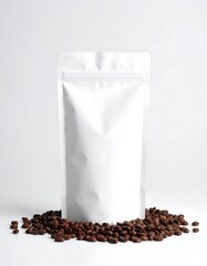 A pristine white stand-up pouch rests on a bed of dark roasted coffee beans against a bright white backdrop