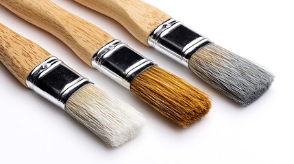 Fototapeta premium Three Paintbrushes with Wooden Handles and Differently Colored Bristles on a White Background