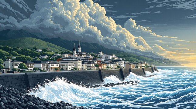 Picturesque Coastal Town Seascape with Crashing Ocean Waves and Majestic Cloudscape at Golden Hour