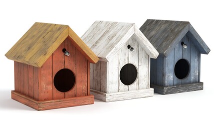Three Wooden Birdhouses Orange, White, and Blue Painted Wood with Round Entryway