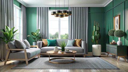 Elegant Emerald Green Living Room Interior with Modern Furniture, Stylish Decor, and Natural Light, Perfect for Home Design and Interior Design Concepts