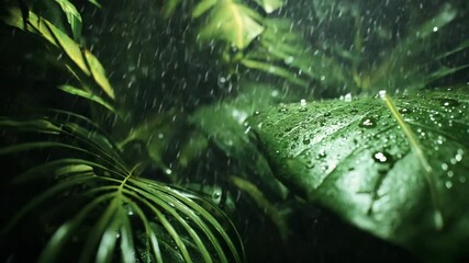 Close up view of lush green tropical leaves glistening with rain droplets. Dark, moody atmosphere. Rain falling softly. - Powered by Adobe