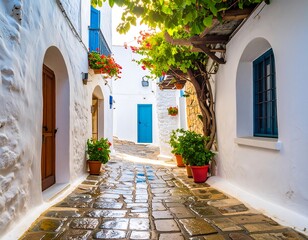 Naklejka premium Sunlight-drenched alleyway, whitewashed buildings, lush greenery