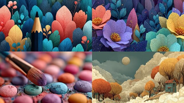 Four diverse vibrant digital art quadrants