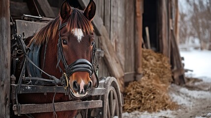 Brown horse wearing a bridle and harness in a rustic wooden stable