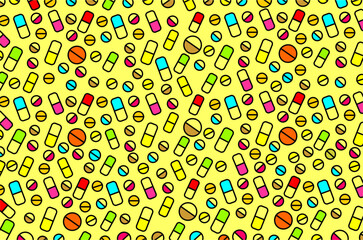 Colorful piils or medicines pattern background. Seamless pattern of medical icons. Piil icons illustration. Medicine icons illustration. Capsule piil icons illustration. Pharmacy symbols illustration.
