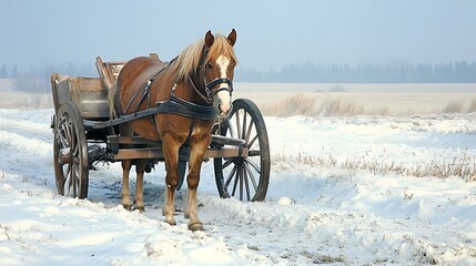 Horse pulling a wooden cart through a snowy landscape