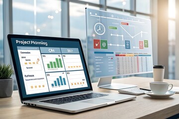 Project Planning on Laptop and Desktop Computers with Business Charts and Graphs in Modern Office Environment for Data Analysis and Success