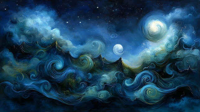 Whimsical night sky with swirling clouds and moonscapes
