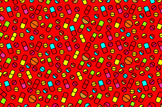 Colorful piils or medicines pattern background. Seamless pattern of medical icons. Piil icons illustration. Medicine icons illustration. Capsule piil icons illustration. Pharmacy symbols illustration.