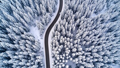 Aerial view of a winding road through a snow-covered evergreen forest