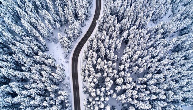Aerial view of a winding road through a snow-covered evergreen forest - Powered by Adobe