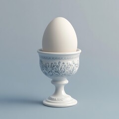 Single white egg in an ornate white egg cup on a blue background