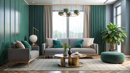 Elegant Living Room Interior with Emerald Green Accents: Modern Sofa, Stylish Decor, and Natural Light for Upscale Home Design