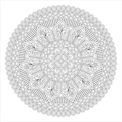 A detailed black and white mandala design featuring intricate patterns, floral elements, and geometric shapes. Ideal for coloring or artistic projects.