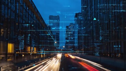 Dynamic futuristic city at night with glowing data streams and light trails, showcasing innovation and technological progress in a vibrant urban landscape - Powered by Adobe