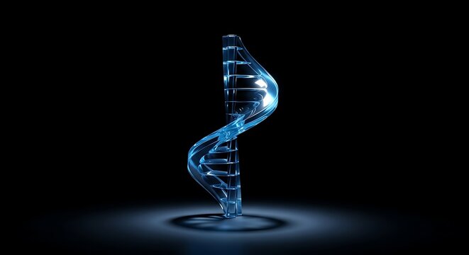 A glowing blue digital DNA helix structure on a black background, symbolizing genetic science and biotechnology research.