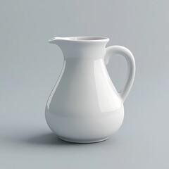 Classic white ceramic pitcher with handle on a light gray background