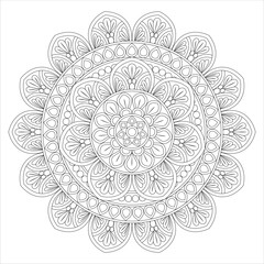 A detailed mandala design featuring intricate floral patterns and symmetrical shapes, suitable for coloring or artistic projects.