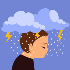 Cartoon of a sad baby boy cloud with a gloomy face and melancholic expression vector illustration. Clip art for emotional content or mental health themes