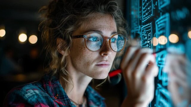 A focused young woman sketches innovative designs on a digital board, illuminated by soft lights, embodying creativity and determination in a modern workspace. Inspired by the quest for knowledge.