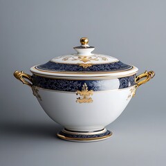 Elegant antique porcelain tureen with ornate blue and gold floral decoration