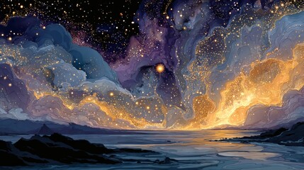 Naklejka premium Abstract Cosmic Night Sky with Glittering Stars and Colorful Nebulae Over Dark Mountain Landscape