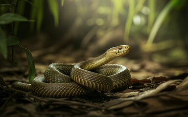 Fototapeta premium Snake photography coiled reptile in jungle forest wildlife animal