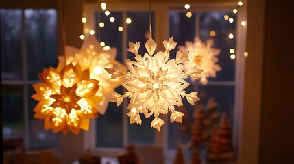 Decorative illuminated snowflakes hanging in a window with fairy lights
