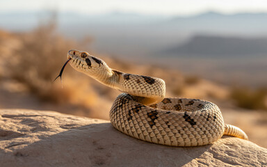 Naklejka premium Diamondback rattlesnake coiled up on rock in desert wildlife photography